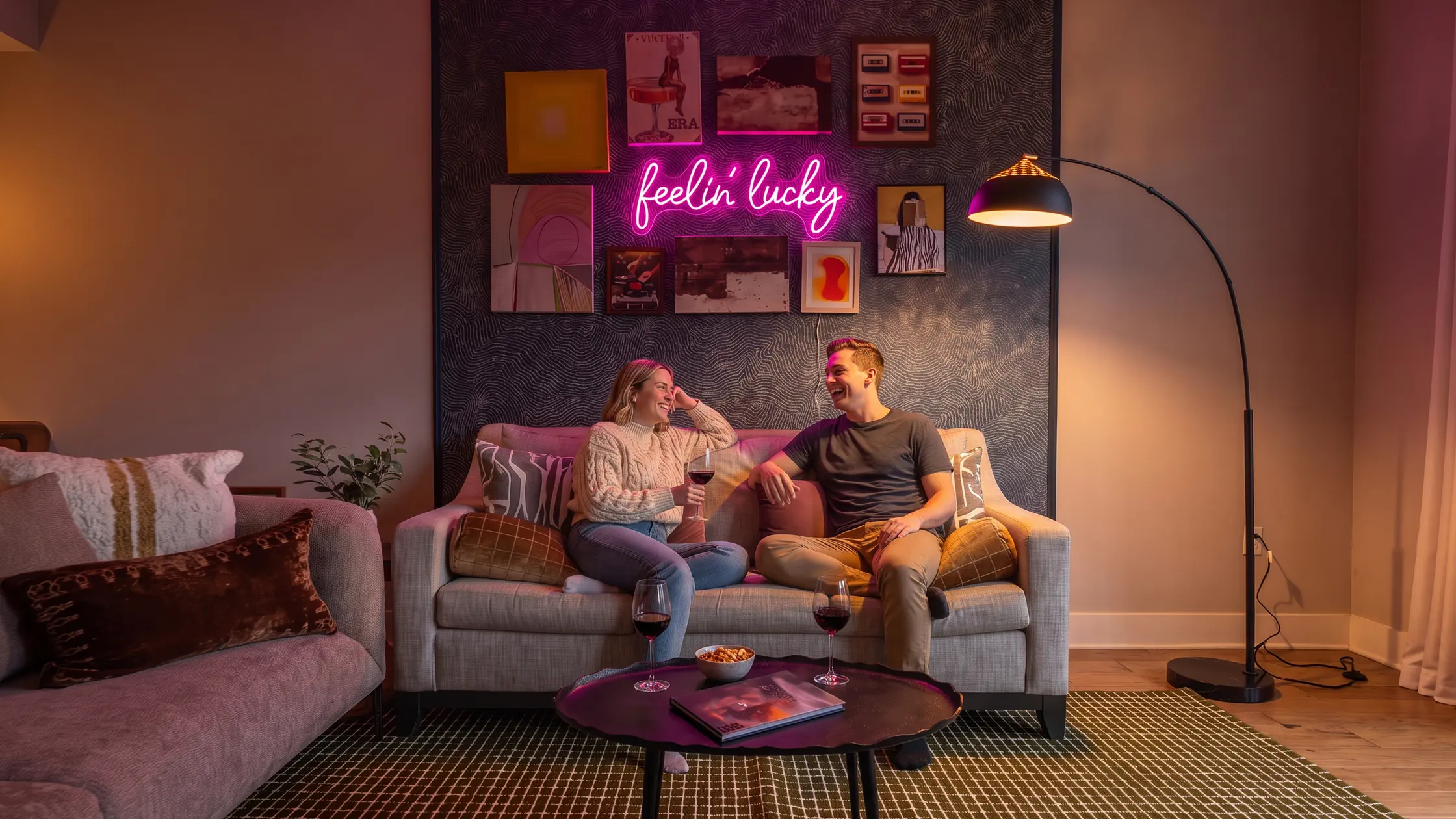 Living room with neon: the boosted photo