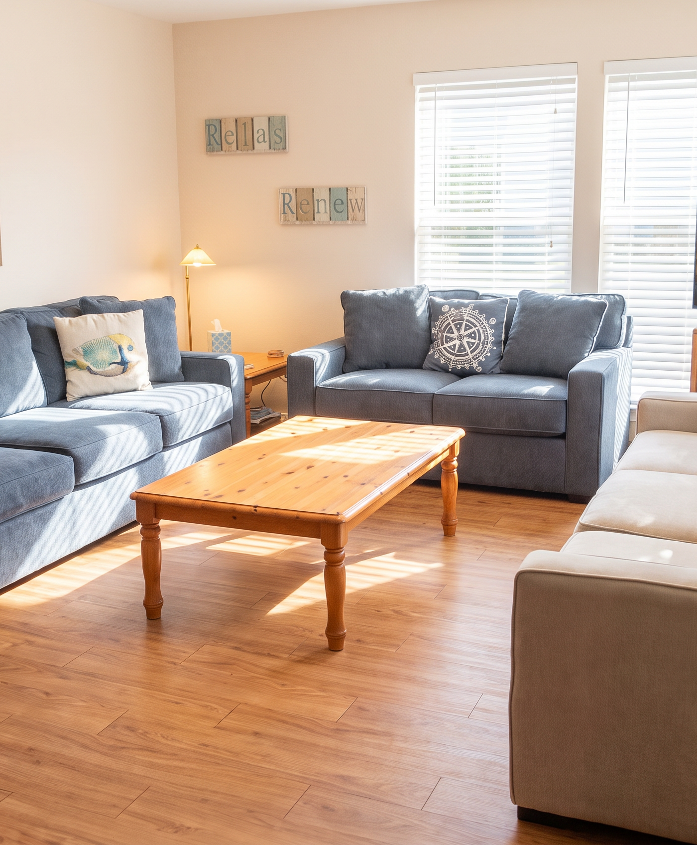 The same living room brightened: same sofas and coffee table, blinds still visible, soft daylight on the floor